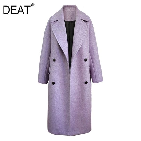 [DEAT] Cappotto di lana delle nuove donne di moda autunno pieno manica alta strada viola bavero collare solido sciolto selvaggio elegante 201103