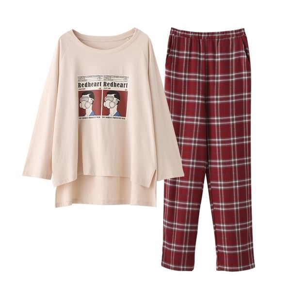 

women home wear long sleeve spring checked pajamas sets wine red plaid cotton sleepwear girls indoor clothing female housewear 210203, Black;red