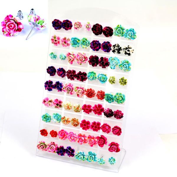 

stud directly wholesale resin colorful plastic cute flower mixed design in random iron stick earrings 36pair, Golden;silver