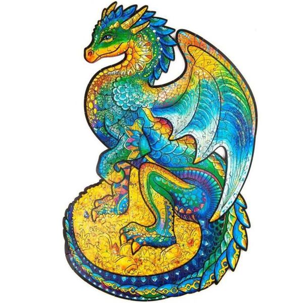 

unicorn jigsaw wooden puzzle jigsaw, gift for adults and kids, unique shape jigsaw pieces guarding dragon 97pcs