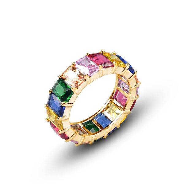 

eternity rainbow zircon ring geometric colorful stone women's wedding finger rings engagement party jewelry gift fit 6# to 10#, Silver