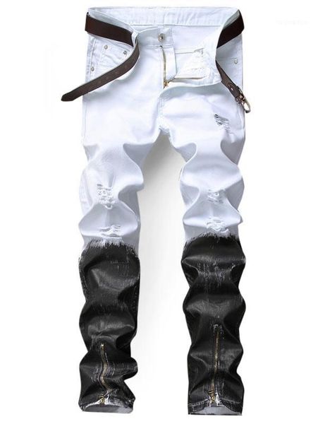 

2018 new men zip hem two tone distressed jeans mid waist zipper jeans wash long pants straight frayed trims1, Blue