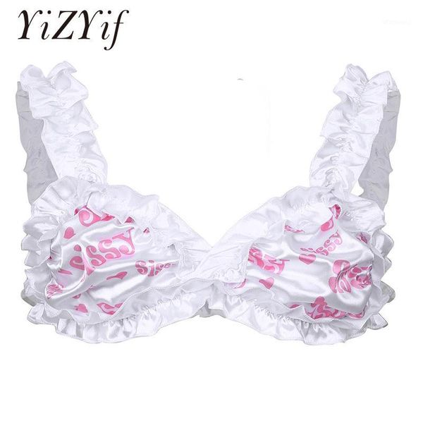 

sissy mens bra harness men satin bra for men lingerie frilly ruffled elastic wide shoulder straps wire-unlined1, Red;black