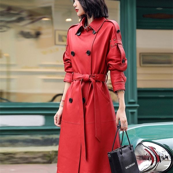 LAUTARO LONG RED COURO CASA DE CARRO PARA MULHERES PLUS tamanho Faux Leather Casaco Mulheres Runway Moda Primavera Casaco para Mulheres 7XL 210201