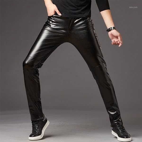 

autumn and winter men's leather pants fashion slim feet pants stage performance men's motorcycle shiny silver leather1, Black