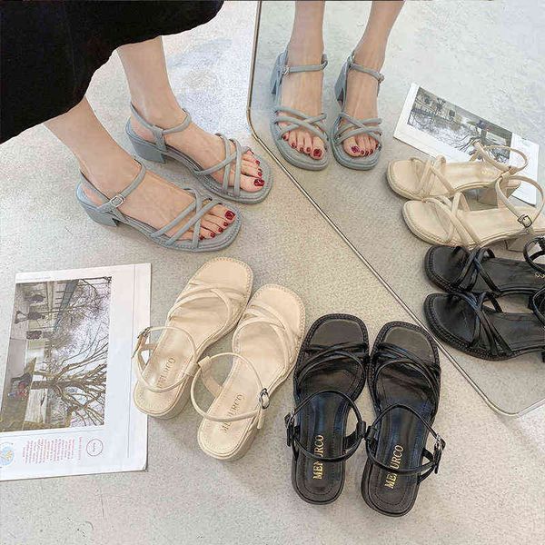 

sandals high heels summer fashion square toe peep toe wedges shoes women cross strap chunky heeled sandals 220303, Black
