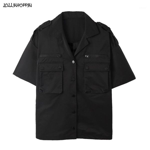 

men short sleeve cargo shirt with epaulets 2020 zippered pockets japan style mens functional shirt man black shirts1, White;black