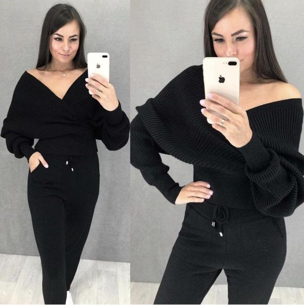 

2 pieces women tracksuit jogging pants pullover sweater set chic knitted outwear chandal mujer invierno zarain, Gray
