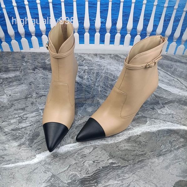 

boots high end quality small fragrance gold high-heeled short boots martin children's thick heel leather fashionable women's, Black