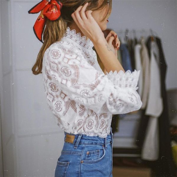 

women's blouses & shirts elegant white lace mesh embroidery blouse women shirt petal sleeve hollow out stand long ladies party