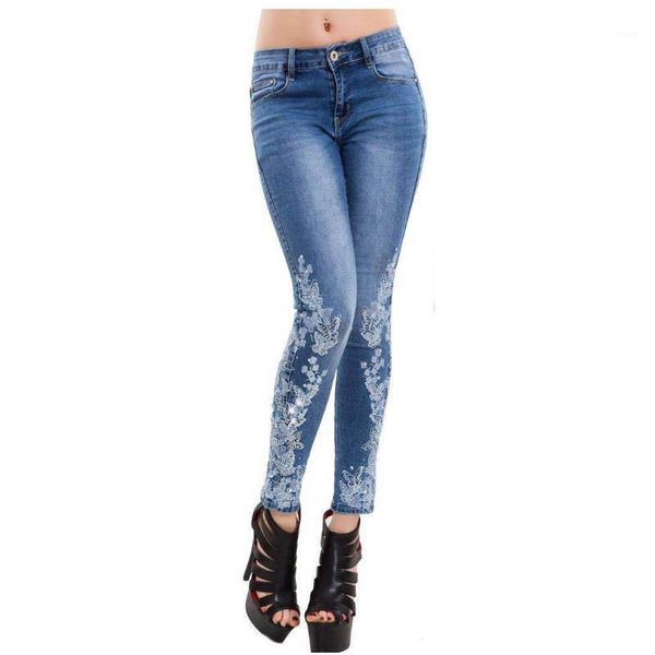 

women plus size high waist lace jeans skinny denim pencil pants woman tight jeans with lace floral embroidery thin denim pants1, Blue