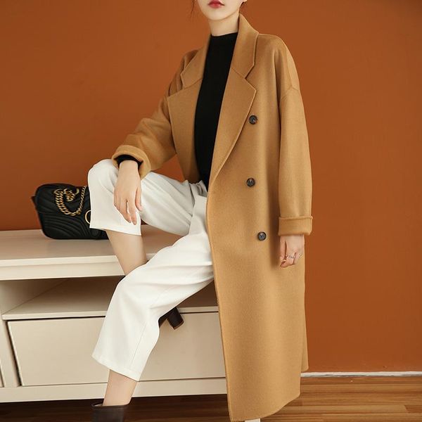

women's wool & blends in the fall and winter of 2021 high-end double-sided cashmere coat more female long loose overcoat, Black