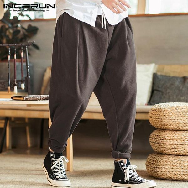 

incerun fashion men harem pants joggers solid color streetwear drawstring casual loose trousers men fleece warm pants plus size1, Black