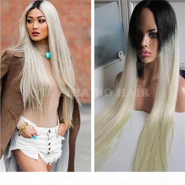 

1bt613 silky straight peruvian ombre blonde hair dark roots glueless full lace wig ing, Black;brown
