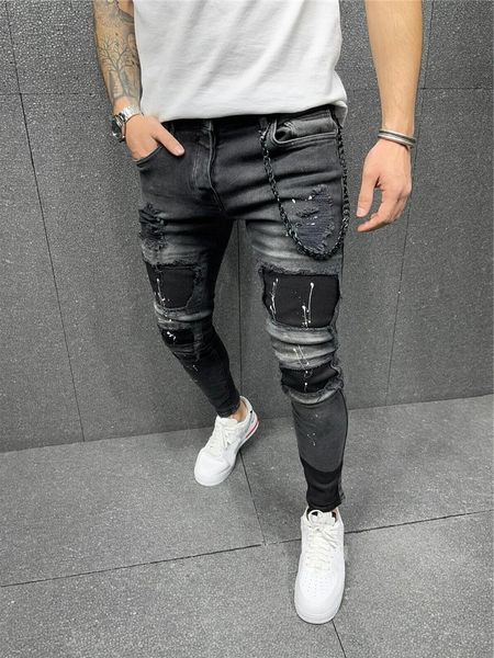 

torn men's black ny motorcycle zipper jeans hip hop pants