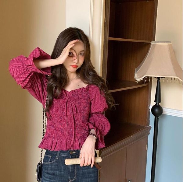 

women's blouses & shirts slash neck puff-sleeve plaid slim shirt women, White