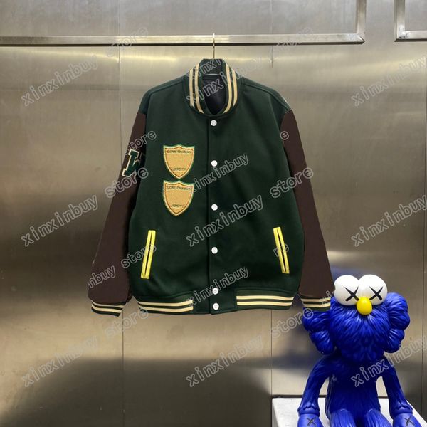 

21ss men women designers jackets leather sleeves fightcamp towel embroidery letter cloth jacquard fabric man fashion streetwear green s-xl, Black;brown