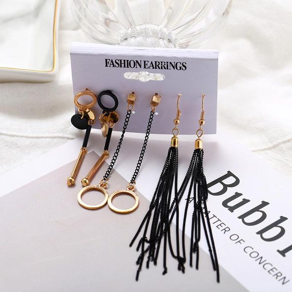 

1set fashion geometric vintage stud earrings for woman contrast tassel round black color earrings set jewelry, Golden;silver