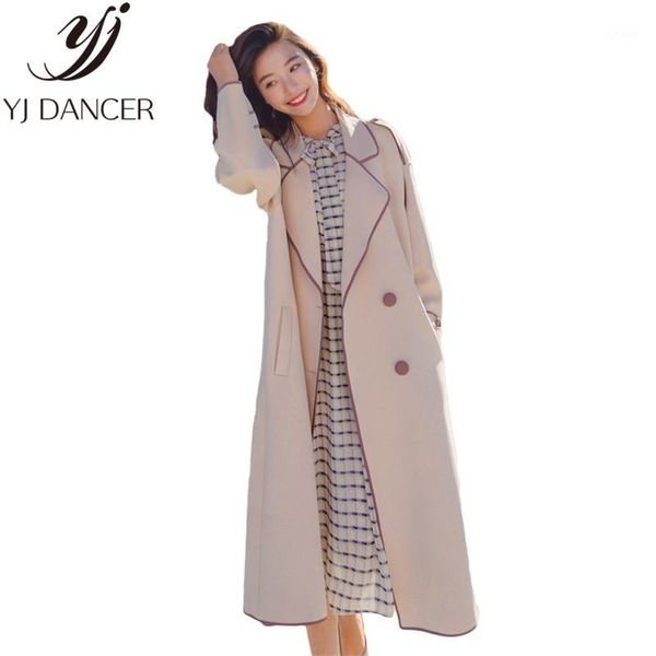 

2020 spring autumn new plus size fashion women loose size solid color long section lapel windbreaker female coat ljj01241, Tan;black