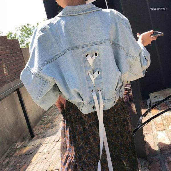 

women's trench coats [ewq] 2021 spring cross back streamer design long sleeve plus size trend coat feminino korea loose women denim jac, Tan;black