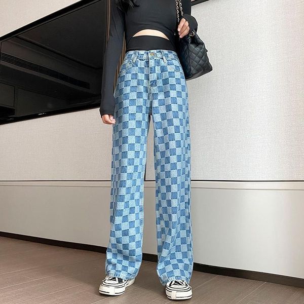 

korean style hip hop blue plaid jeans trousers large size women high waist jean straight denim pants plus size -4xl1