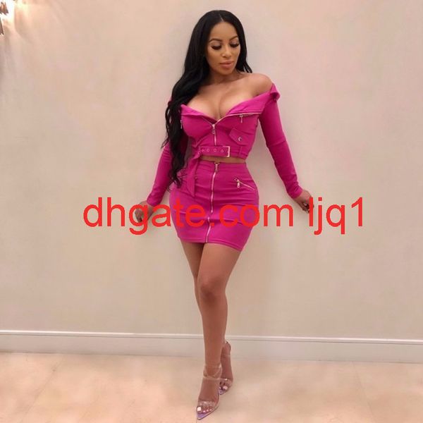 

fuedage 2019 off shoulder two piece set solid zipper bodycon 2 piece set women long sleeve belt and skirt summer, White