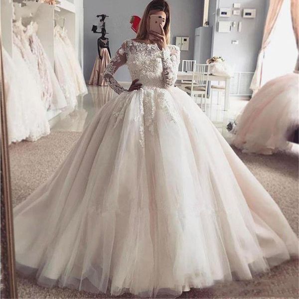 

princess ball gown long sleeves lace wedding dresses with appliques sweep train beteau neck tulle plus size bridal gowns, White