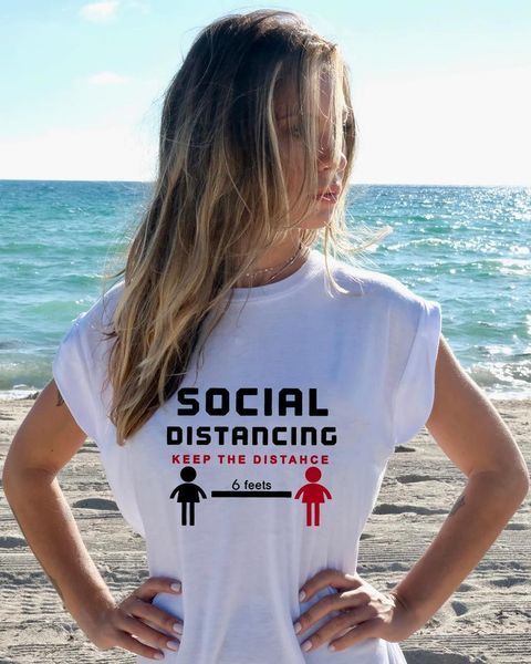 

social distancing keep the distance 6 feets women t-shirts summer short sleeve t shirt for female graphic camisetas mujer 2020, White