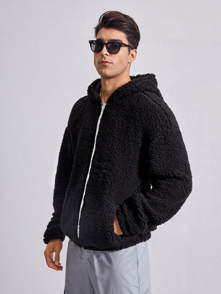 

men drop shoulder hooded teddy coat g2ft#, Black;brown