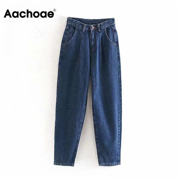 

aachoae jeans women 2020 loose casual harem pants boyfriends mom jeans streetwear denim pants pleated trousers slouchy jeans lj201012, Blue