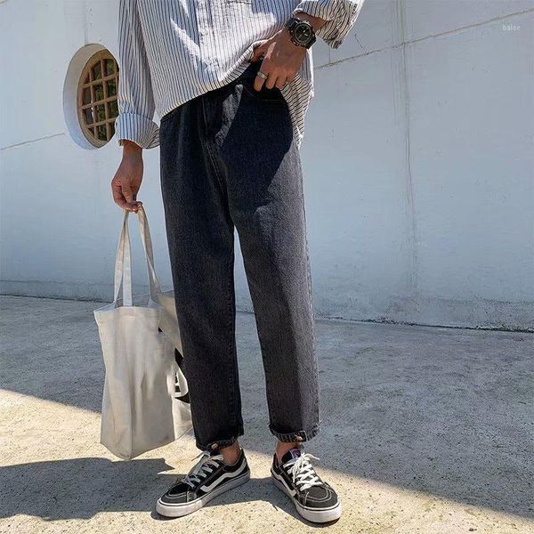 

summer 2020 fashion brand straight jeans men's hong kong style korean loose teenagers wide leg pants ankle length pants1, Blue