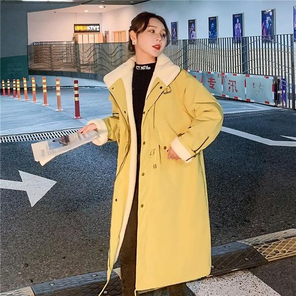 

women's down & parkas korean style mid length over the knee lalambswool lining looset thick winter, Black
