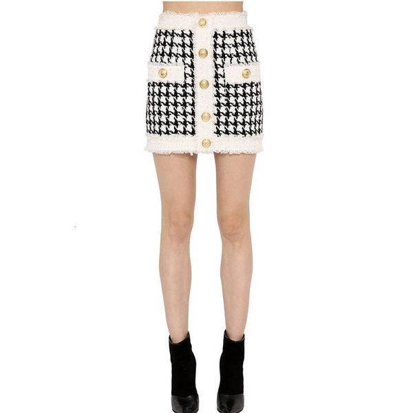

new american plaid office ladies skirt weaving woolen houndstooth classic gold button black tweed skirt women 2019 autumn winter