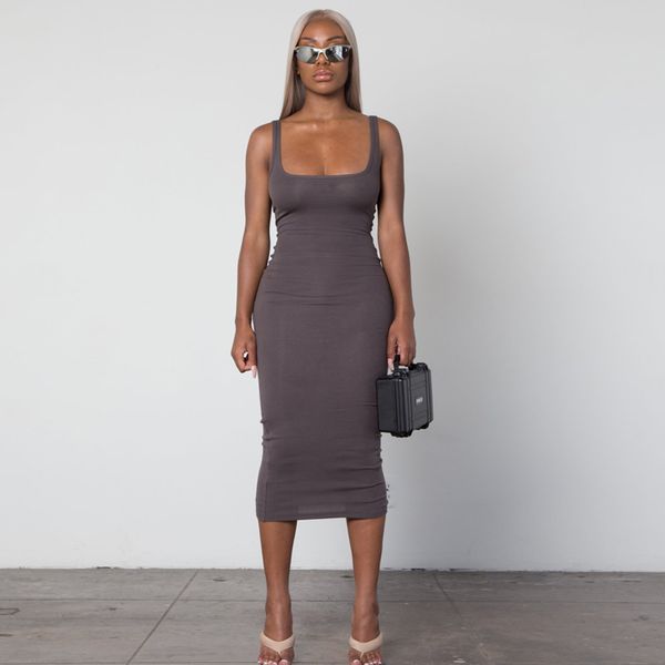 

kgfigu cotton material elegant club dress tank sleeveless bodycon slim mid-calf elegant womens wear snug boho vestidos t200707, Black;gray