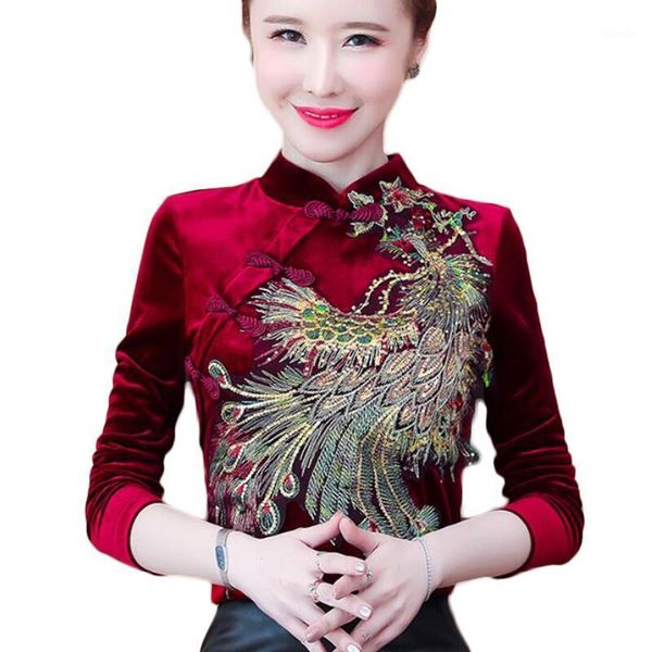 

chinese style women blouses long sleeve stand collar vintage embroidery velour blouse women shirts 2020 new plus size 1, White