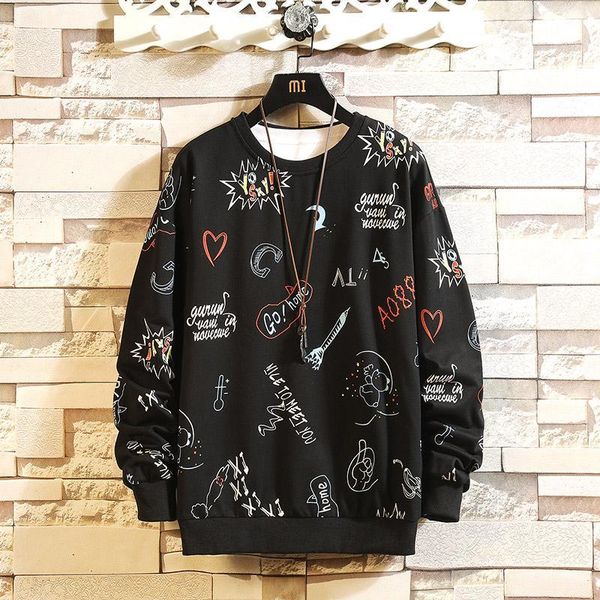 

men autumn hoodies cute cartoon letter print sweatshirt casual long sleeve male pullover sport cotton sweatshirt dropshipping, Black