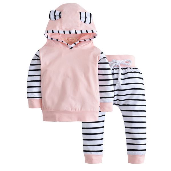 

spring newborn infant baby girl clothes set cotton hooded casual stripe pants autumn toddler boy girls clothing outfit lj201223, White