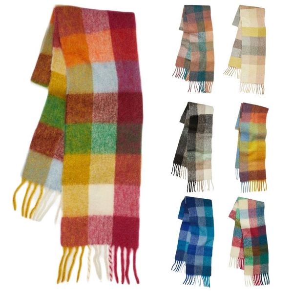 

250x35cm winter long scarf multicolor rainbow plaid checkered printed fringe tassels shawl wrap neck warmer, Blue;gray