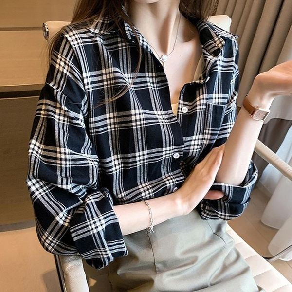 

корейский стиль негабаритные винтажные клетчатые рубашки блузка женская осень хлопок с длинным рукавом плюс размер блузки кнопки вверх по ру, White