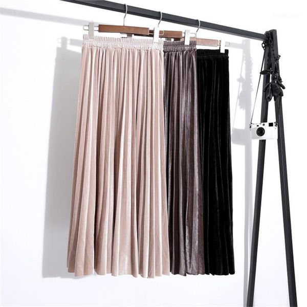 

korean high waist retro organ pleated skirt fashion wild thin elastic waist long skirts solid color casual faldas mujer moda1, Black