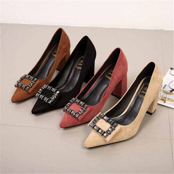 

dress shoes brand crystal high heels women thick pumps 5cm/7cm rhinestone wedding woman chunky flock lady shoes1, Black