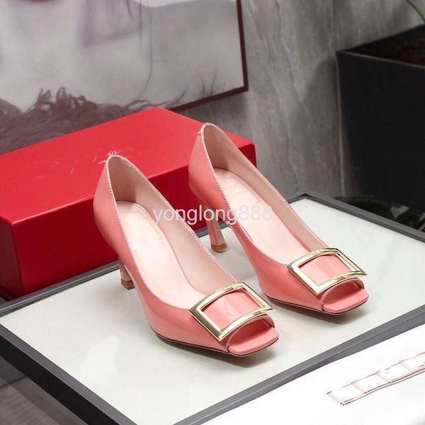 

dress shoes summer patent leather square head high heels shallow mouth low women's shoes metal buckle professional ol fish, Black