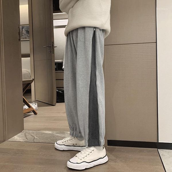 

winter men's trend zipper sweatpants sports pants corset loose pants color matching joggers men trousers d3311, Black