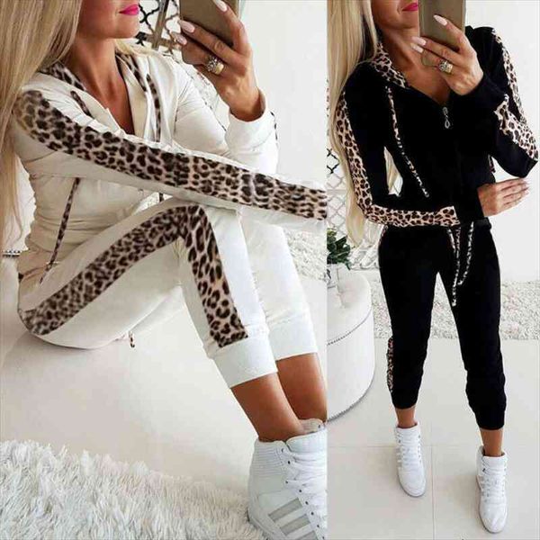 

fashion women winter autumn hoodies sports pants 2pcs tracksuit leopard sweatshirt sweat suit jogging, White