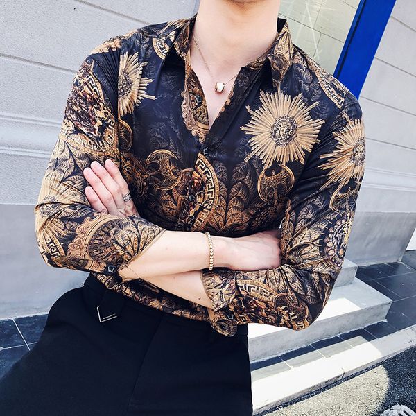 

summer style new male chao men printing shirt, korean version personality trend, long sleeved and handsome business casual men's shirt, White;black