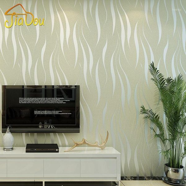 

wholesale- environmental pollution protection non-woven wallpaper 3d wave stripe flocking embossed removable mica wall paper mural 0.53*10m1