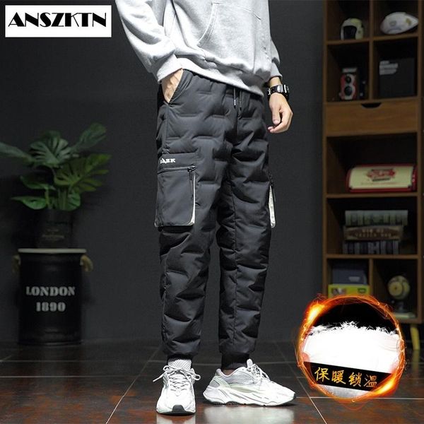 

anszktn men's down pants wear light winter cold warm and thick outdoor white duck downwinter man down pants solid thicken, Black