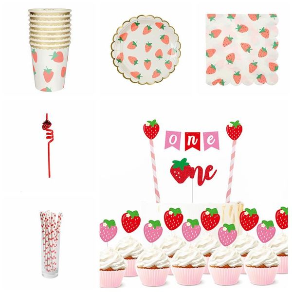

other festive & party supplies strawberry series cake decoration er one pink straw tag girls birthday wedding favor