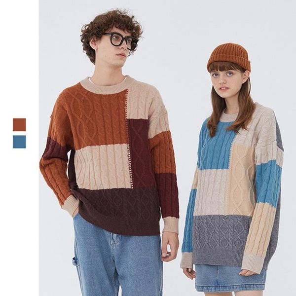 

retro patchwork men sweater 2021 fw warm o-neck autumn knitted sweater for couple oversized hip hop men, White;black