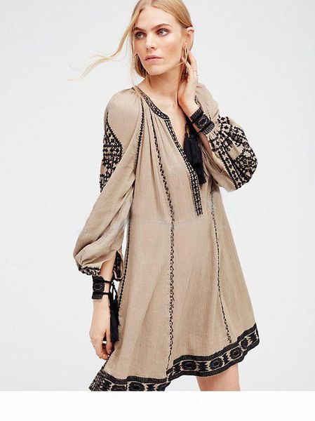 

fashion national retro style summer dress women boho dress embroidery tassel loose hippie chic beach dress vestidos, Black;gray